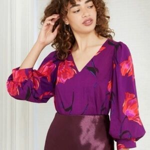 a new day Burgundy Floral V-Neck Blouse